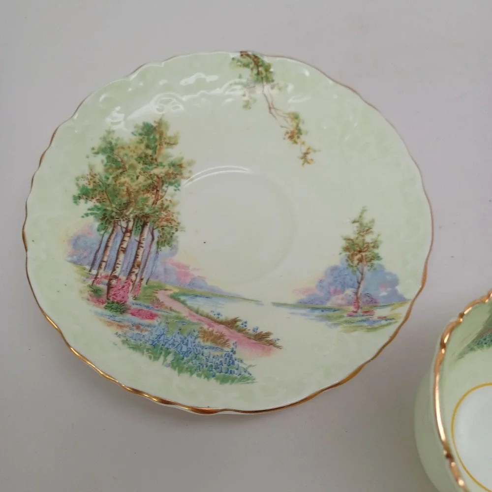 Aynsley Bone China Teacup and Saucer Set Woodland Landscape Green‎ Gold C493/2
